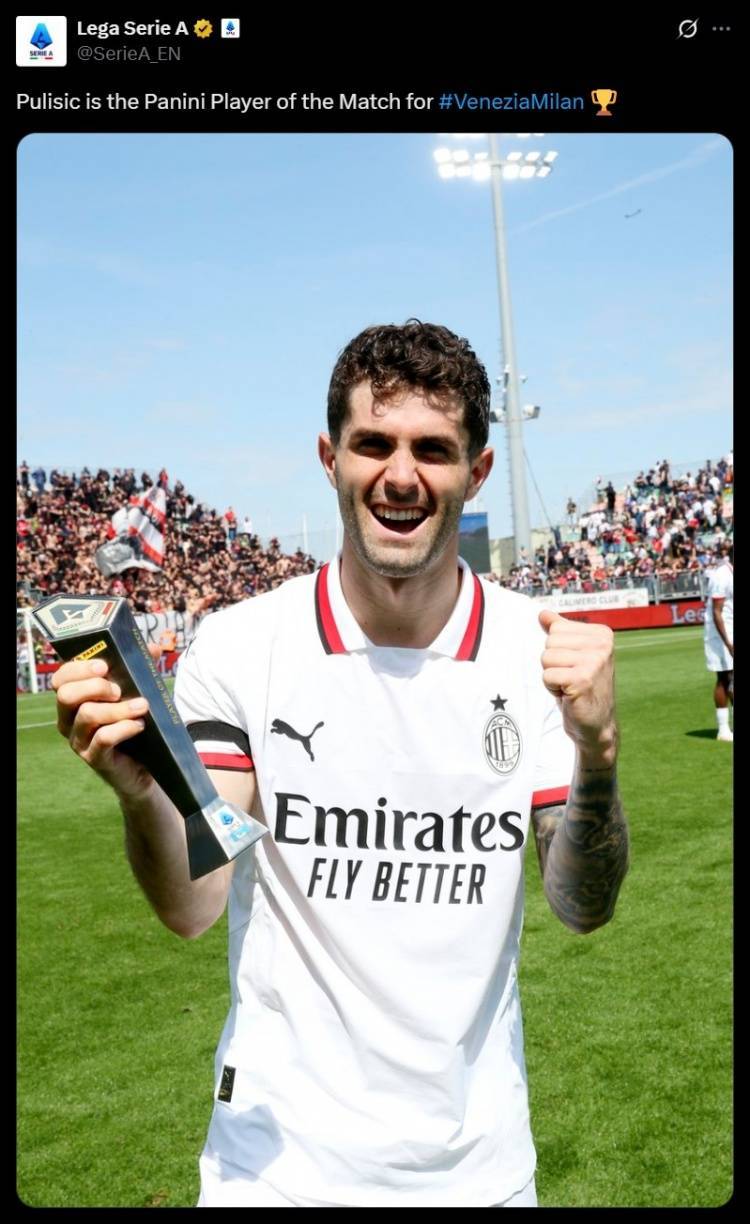 意甲官方：普利西奇当选威尼斯vs米兰一役全场最佳球员